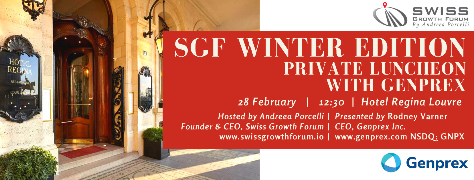 SGF Winter Edition 2020 Private Luncheon with Genprex in Paris organized by Swiss Growth Forum