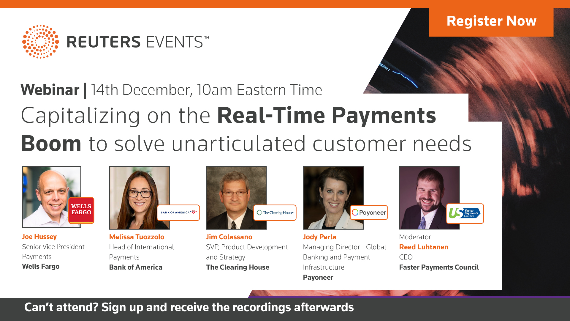 Join a panel of banking and fintech experts for an insightful discussion around issues related to Real-Time Payments in the United States.  organized by Reuters Events